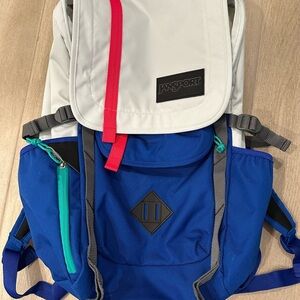 Jansport Blue and White Backpack with Hot Pink and Teal Accents